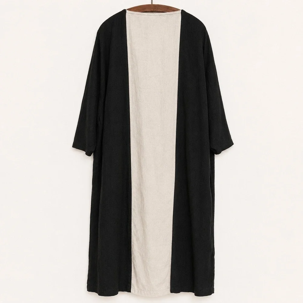 Sigrid Olsen Kaftan Cover Up Size M Linen Navy Off White Tassel Tie Beach Resort